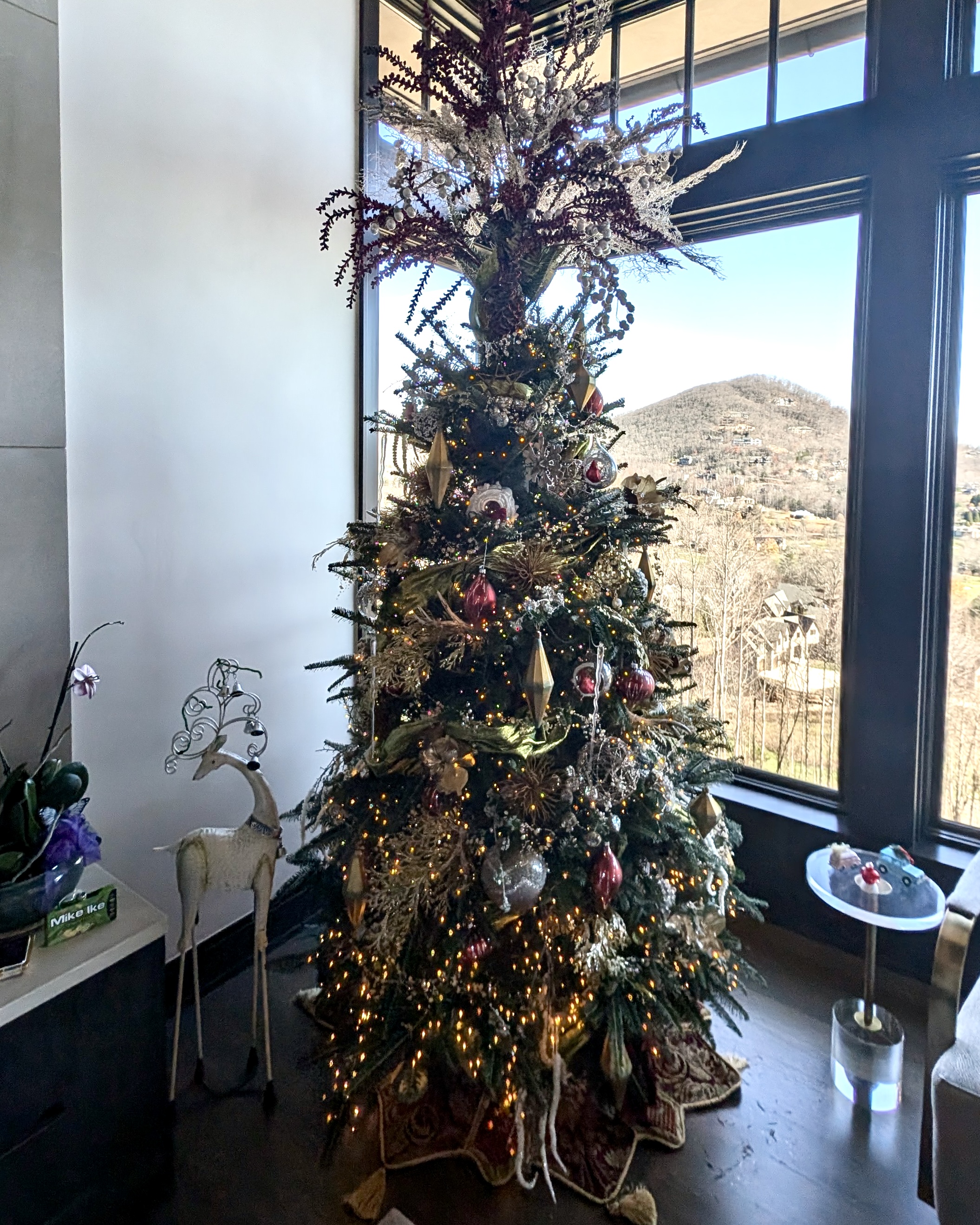 A Christmas tree crowned in burgundy and silver beside a Blue Ridge mountain view
