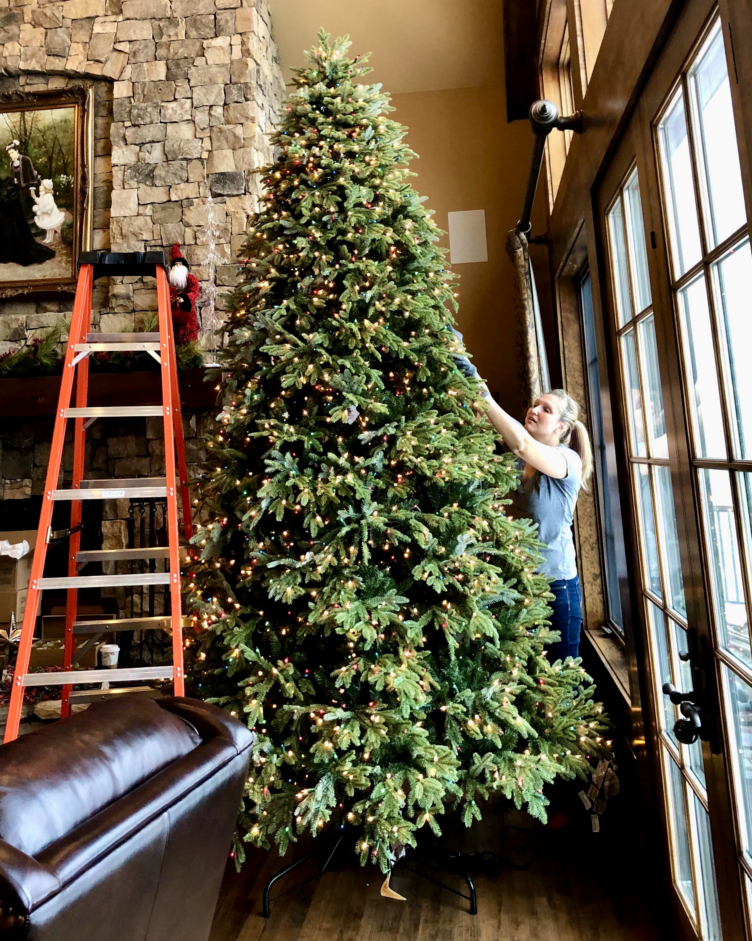 Marina Johnston shaping the branches of a Christmas tree during installation