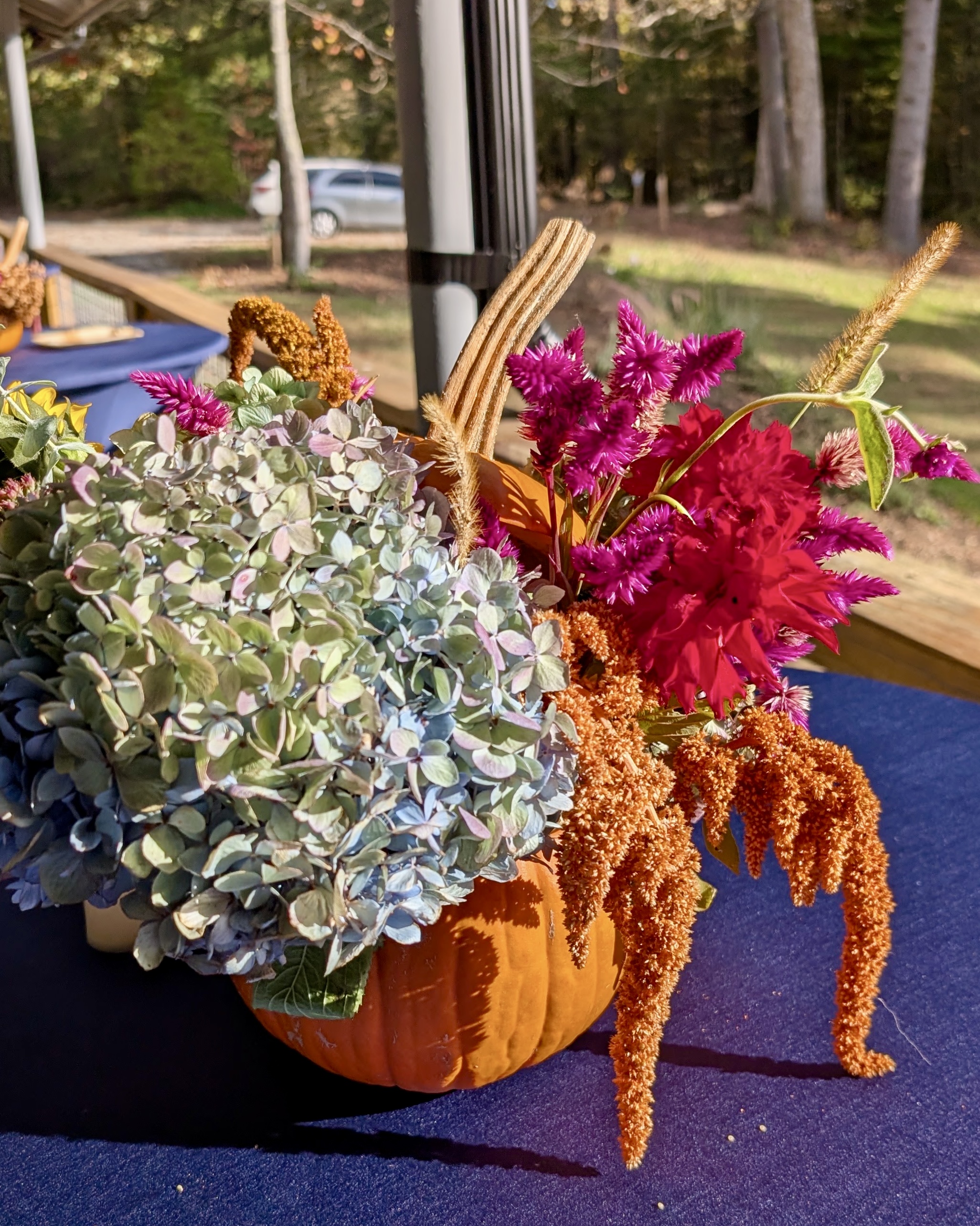 Hydrangea, celosia, and cascading amaranth arranged in a pumpkin